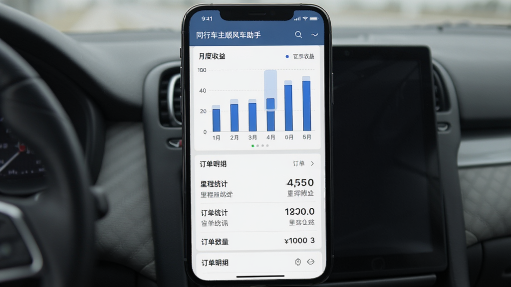 同行车主顺风车助手 收益统计界面 主体为手机屏幕上的柱状图与数据面板 布局为上下结构 上方为月度收益柱状图 下方为订单明细列表 风格为商务简约 细节包括收益数字 里程统计 订单数量 画质清晰 干净 无多余元素