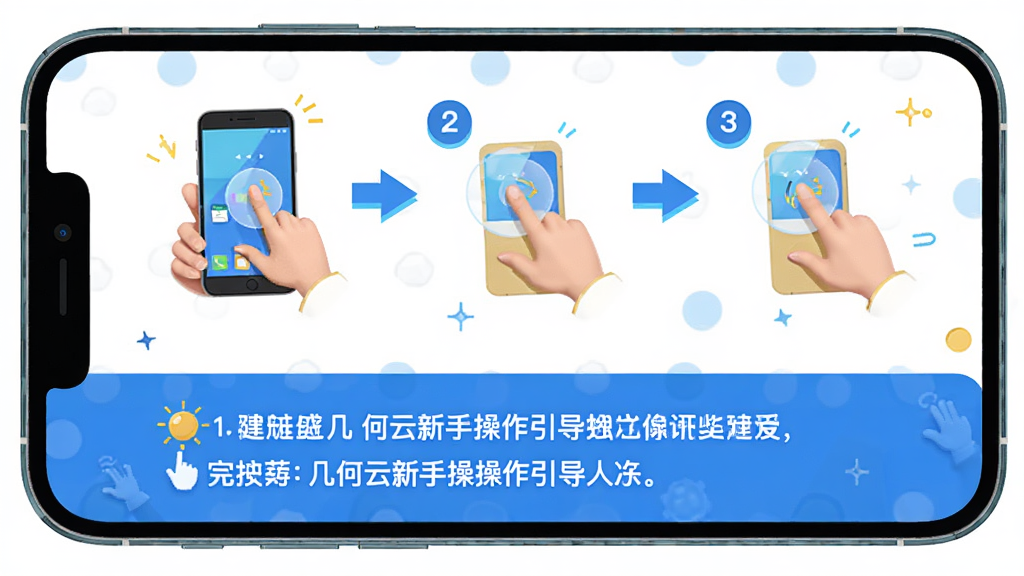 几何云新手操作引导页面,主体为手机屏幕显示分步操作提示和箭头指引,布局为上下结构上部为图示下部为文字说明,排版清晰,风格为明亮活泼的插画风,细节有手势图标和步骤序号,画质高清干净无多余元素
