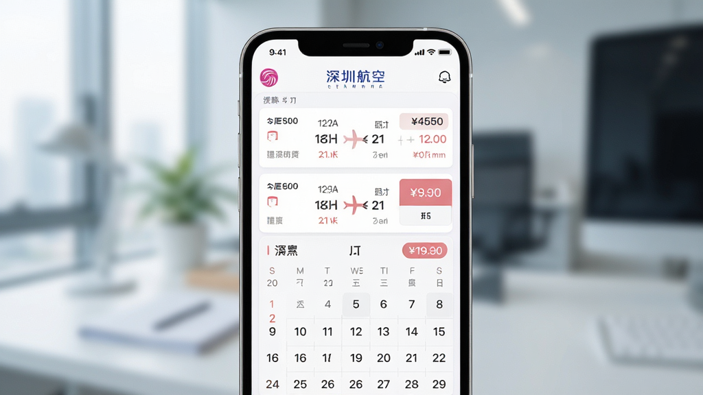 深圳航空APP机票预订界面,主体为手机屏幕显示航班列表与价格日历,布局为上下结构,排版整齐,风格为清新商务风,细节包含深圳航空标志与航班信息卡片,画质清晰,干净,无多余元素