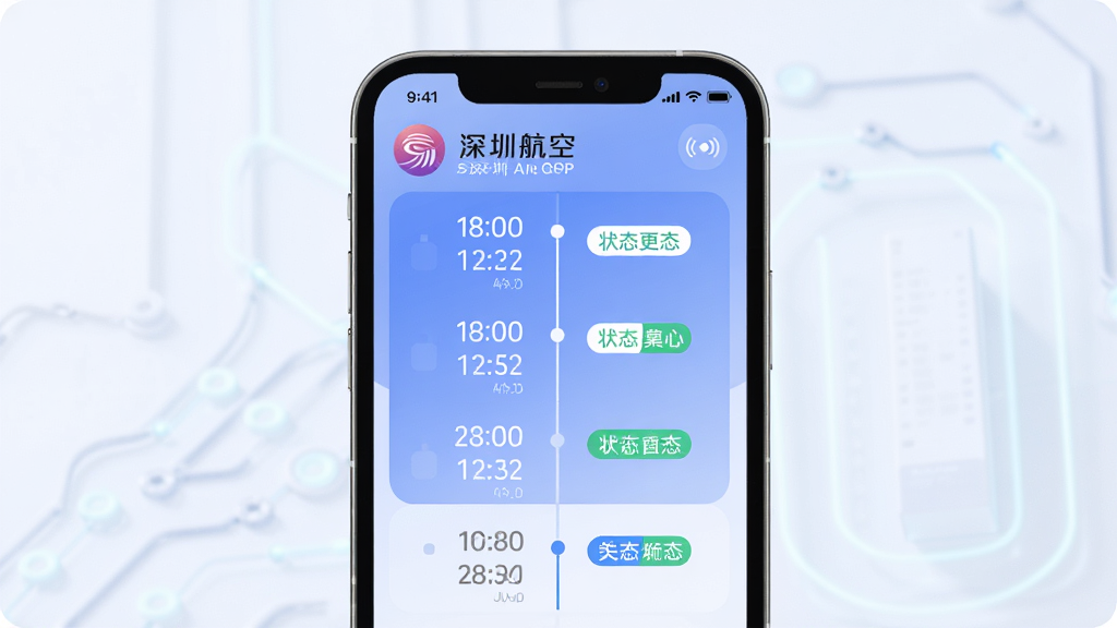 深圳航空APP航班动态推送界面,主体为手机屏幕显示航班时间轴与状态标签,布局为纵向列表,排版清晰,风格为柔和科技风,细节包含深圳航空LOGO与动态更新图标,画质清晰,干净,无多余元素