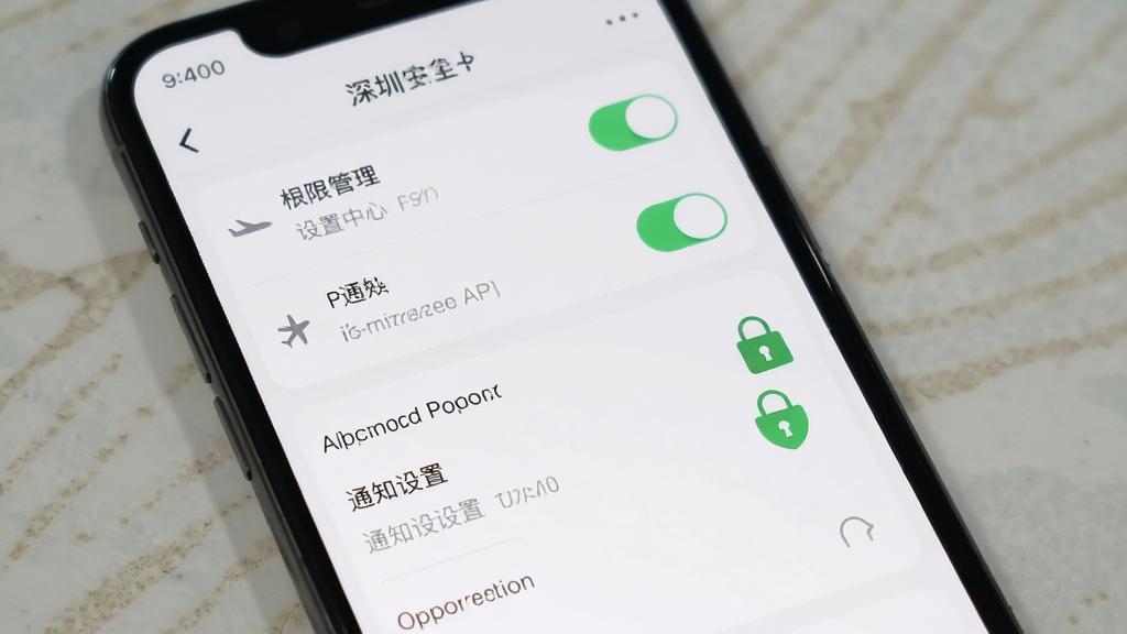 深圳航空APP设置与安全中心界面,主体为手机屏幕显示权限管理与通知设置,布局为列表式,排版整洁,风格为浅色极简风,细节包含开关按钮与安全锁图标,画质清晰,干净,无多余元素