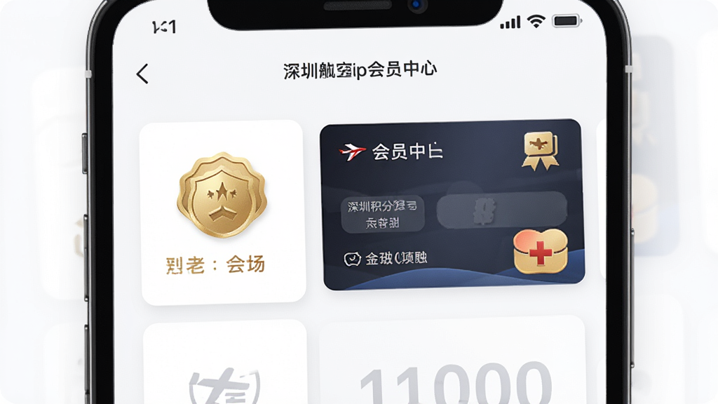 深圳航空APP会员中心界面,主体为手机屏幕展示里程积分与会员卡,布局为卡片式排列,排版精致,风格为高端商务风,细节包含金色会员标识与权益图标,画质高清,干净,无多余元素