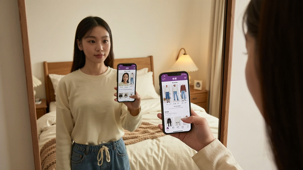 画面展示一位年轻女性站在镜子前,手持手机打开“有搭”APP,手机屏幕与镜中影像形成对比,镜中显示着APP推荐的穿搭方案,女性身上穿着与推荐相符的服装,背景是温馨的卧室,布局采用镜面反射构图,风格为写实生活摄影,细节包括手机屏幕内容和衣物褶皱,画质清晰,干净,无多余元素。