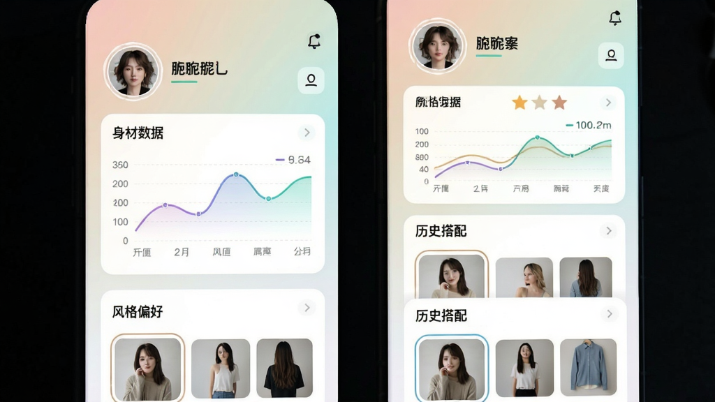 画面展示一个个人形象档案页面,页面顶部是用户头像和昵称,下方依次排列着“身材数据”“风格偏好”“历史搭配”等模块,每个模块内都有图表和缩略图展示,背景为淡雅的渐变色彩,布局采用垂直流式排列,风格为现代简约的APP界面展示图,细节包括图表曲线和头像边框,画质清晰,干净,无多余元素。