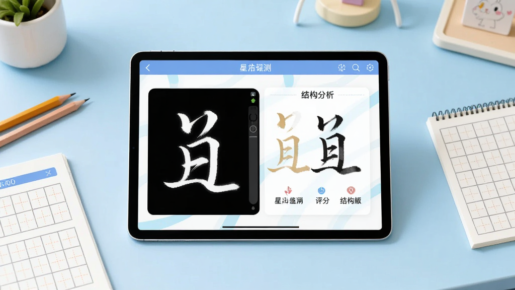 星小兔AI练字软件主界面展示,画面中央放置一台平板电脑,屏幕上显示汉字书写评测界面,左侧为笔画演示动画,右侧为评分与结构分析图,背景为浅蓝色书桌场景,桌面摆放铅笔与田字格练习本,整体风格清新明快,细节清晰,画质干净,无多余元素