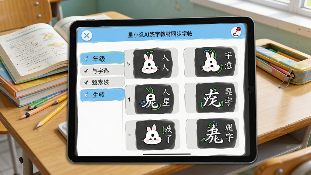 星小兔AI练字教材同步字帖界面,画面展示平板屏幕上的年级选择菜单与生字列表,每个生字旁有笔顺动画小图标,背景为教室课桌场景,有课本和铅笔盒,风格活泼清新,排版整齐,画质干净,无多余元素