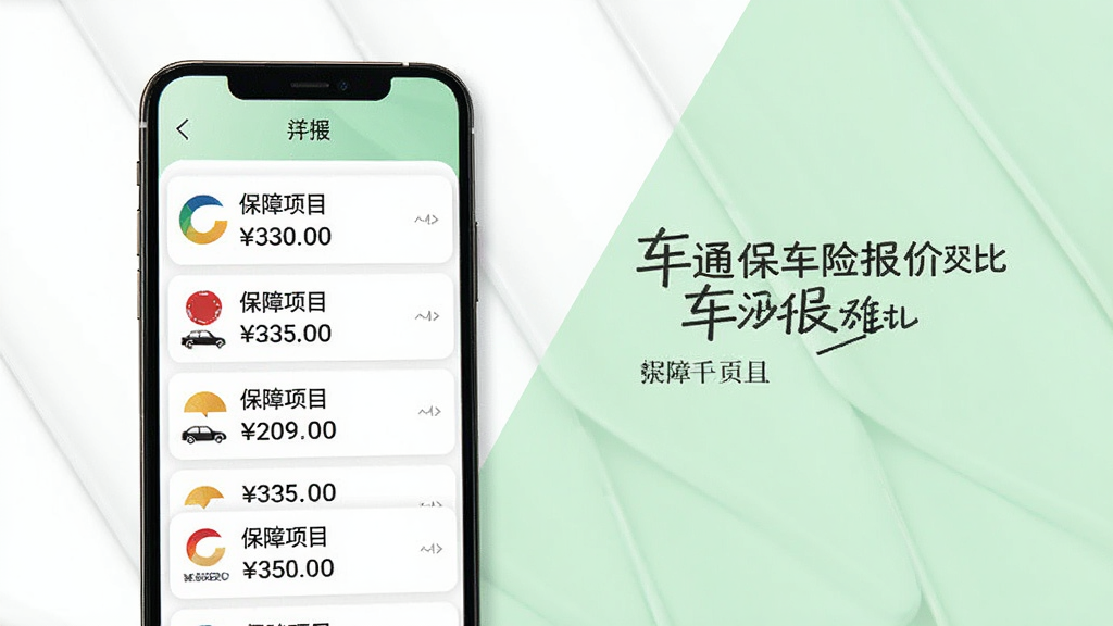 一车通保车险报价对比界面,画面中一部手机展示多个保险公司报价列表,每条报价旁标注保障项目和价格,背景为白色与浅绿色搭配,风格清新简洁,画质清晰,干净无多余元素