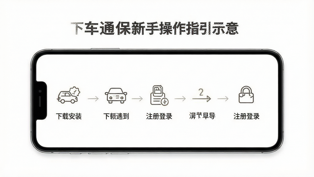 一车通保新手操作指引示意图,画面展示手机屏幕从下载安装到注册登录的流程步骤,每一步配有简洁图标和文字说明,背景为白色,风格清爽素雅,画质清晰,干净无多余元素