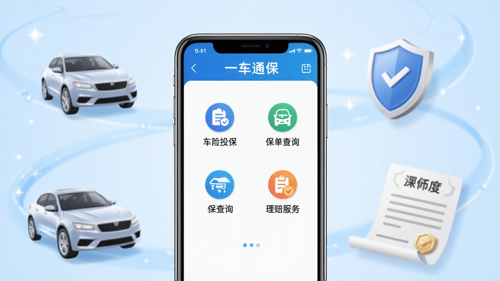 一车通保应用主界面展示,画面中央放置一部智能手机,手机屏幕上清晰显示一车通保APP的首页界面,包含车险投保、保单查询、理赔服务等功能图标,背景为淡蓝色渐变,周围环绕汽车、盾牌、保险单等元素,整体风格简洁商务,画质清晰,干净无多余元素