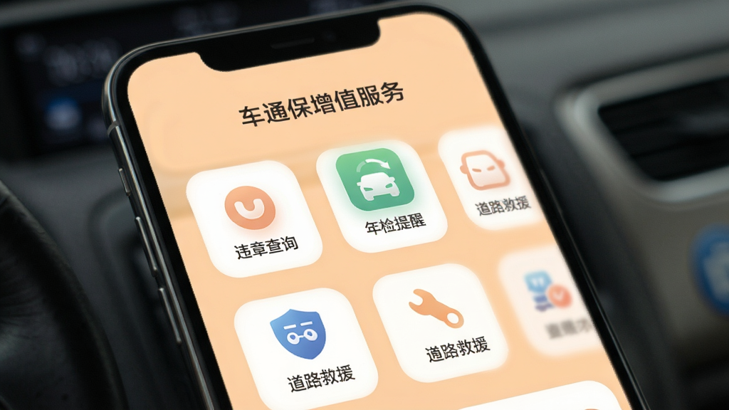 一车通保增值服务页面,手机屏幕显示违章查询、年检提醒、道路救援等多个功能入口图标,背景为浅橙色,风格柔和圆角,画质清晰,干净无多余元素