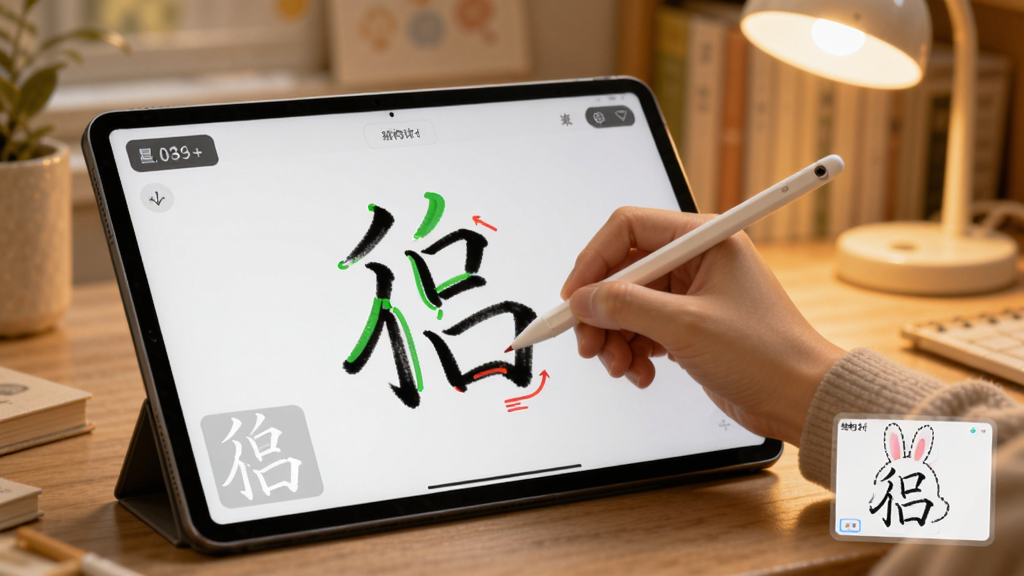 星小兔AI练字AI评测功能展示,画面主体为一只握着触控笔的手在平板上书写汉字,屏幕上同步显示绿色正确笔画与红色偏差提示,界面角落有评分数字和结构分析小图,背景为柔和暖光书房,风格写实简洁,细节丰富,画质清晰,无多余元素