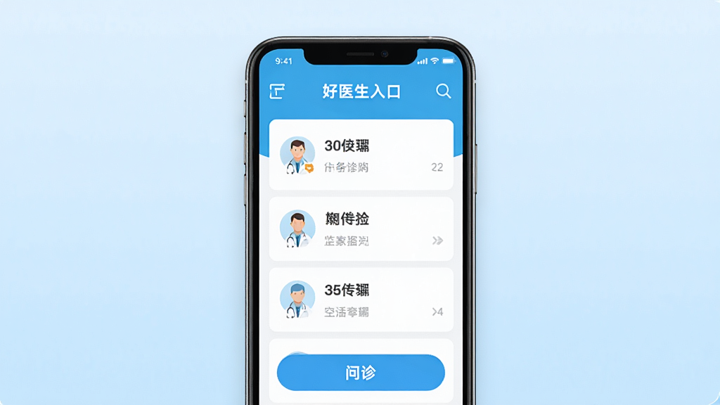 好医生应用主界面展示,手机屏幕中显示医生列表与问诊入口,界面布局清晰,主体为一部智能手机,背景为干净的浅蓝色渐变,风格现代简约,细节包含图标与文字按钮,画质清晰明亮,无多余元素