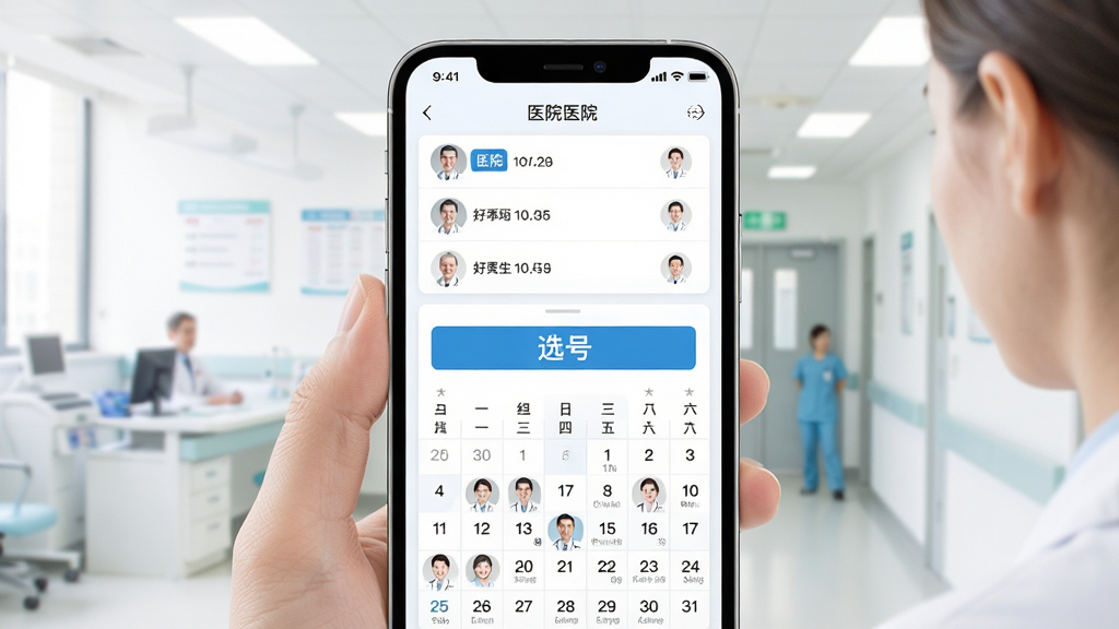 好医生预约挂号功能展示,手机屏幕中显示医院列表与挂号日历,主体突出选号界面,布局上下结构,风格清新简洁,细节包含日期标签与医生头像,画质明亮干净,无多余元素