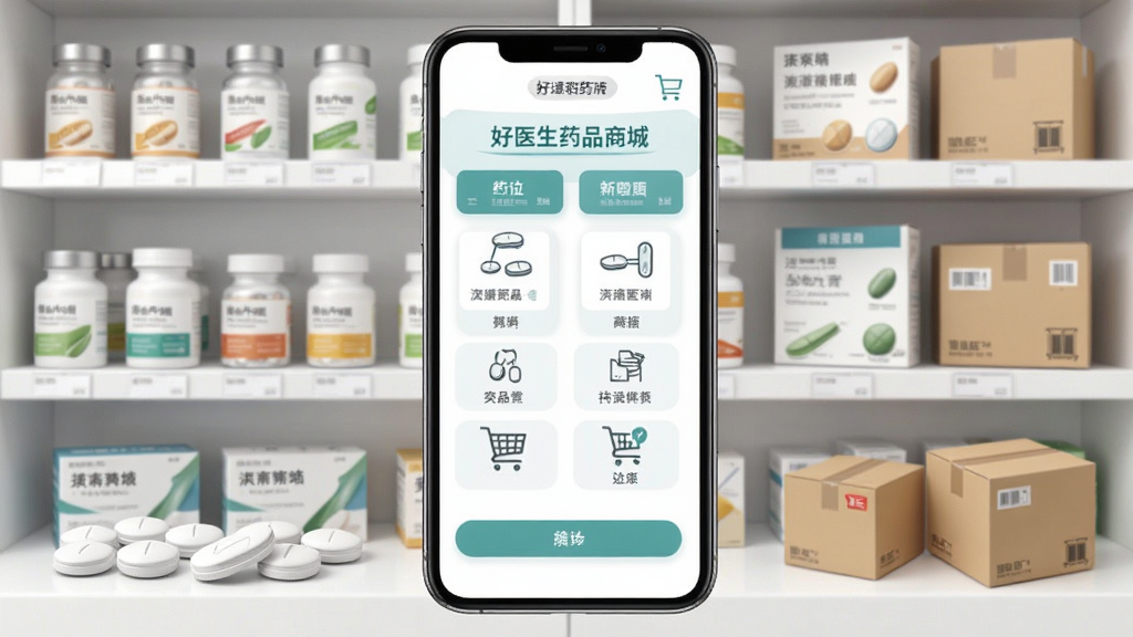 好医生药品商城页面,手机屏幕展示药品分类与购物车图标,主体为药品货架与药盒排列,布局居中对称,风格整洁现代,细节包括药片与快递箱元素,画质清晰无杂质,无多余元素