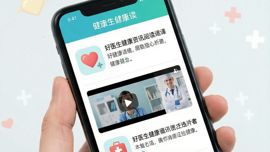 好医生健康资讯阅读界面,手机屏幕显示文章列表与视频封面,主体突出健康主题图标,布局瀑布流式,风格轻松明快,细节包含爱心与十字标志,画质干净明亮,无多余元素