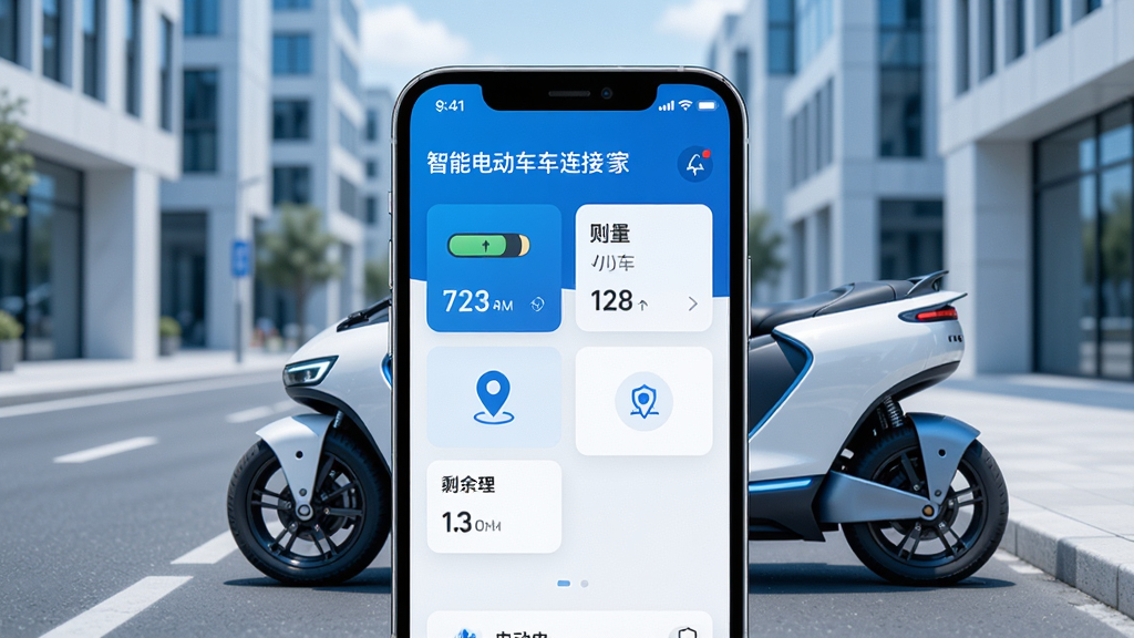 画面中央是一部智能手机,屏幕上显示着智能电动车连接管家的主界面,界面中有电动车电量、剩余里程、车辆定位等卡片式信息,背景是干净整洁的现代城市街道,一辆造型时尚的智能电动车停在路边,整体风格简洁明亮,科技感十足,构图居中,色彩以蓝白为主,画质清晰,无多余元素