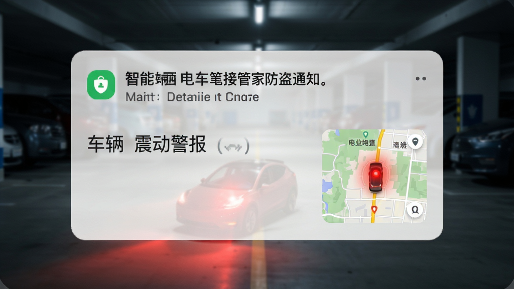 手机屏幕上弹出智能电动车连接管家的防盗报警通知,通知卡片显示车辆震动警报和当前位置地图缩略图,背景是模糊的夜间停车场场景,一束红色警示光效从车辆位置发出,整体风格紧张但有序,画质清晰,无多余元素