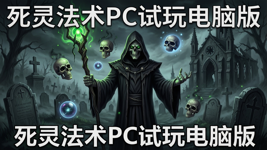 一张暗黑哥特风格的魔法游戏场景图,画面中央是一位身穿黑色长袍的死灵法师,手持散发幽绿色光芒的法杖,周围漂浮着骷髅头与灵魂光球,背景是阴森的墓地与破败教堂,画面布局采用中心对称构图,风格为暗黑奇幻数字绘画,细节包含法杖纹理、灵魂粒子效果、墓地雾气,画质高清,干净,无多余元素,图片中文字为“死灵法术PC试玩电脑版”