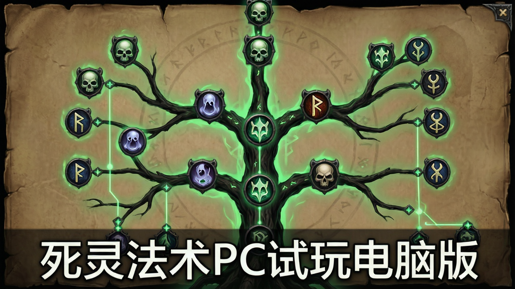 一张展示死灵法术技能树的界面图,画面主体是一棵发着幽绿色光芒的暗黑风格技能树,树枝上分布着骷髅、灵魂、诅咒符文等图标,布局为纵向延伸的技能树结构,风格为暗黑奇幻UI设计,细节包含技能图标的光晕、连接线条、背景的羊皮纸纹理,画质高清,干净,无多余元素,图片中文字为“死灵法术PC试玩电脑版”