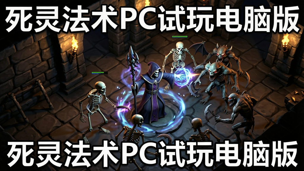 一张展示死灵法师在地牢中战斗的场景图,画面主体是死灵法师指挥骷髅仆从与亡灵怪物交战,布局为斜45度俯视角,风格为暗黑奇幻游戏截图风格,细节包含技能特效、地牢石砖地面、火把光照、怪物模型,画质高清,干净,无多余元素,图片中文字为“死灵法术PC试玩电脑版”