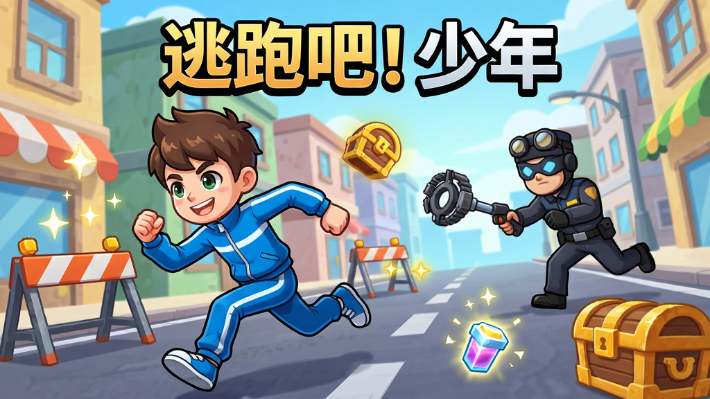 一张以《逃跑吧!少年》游戏为主题的宣传图,画面主体为一名身穿蓝色运动服的少年角色在卡通风格的城市街道上奔跑,身后有一名手持抓捕器的追捕者正在追赶,画面布局采用左右对角构图突出追逐的动感,排版留出上方空间用于放置游戏标题文字,整体风格为明亮活泼的动漫卡通风格,细节包括路边的路障、跳跃的宝箱、闪烁的道具光效,画质为4K高清,画面干净无多余元素。