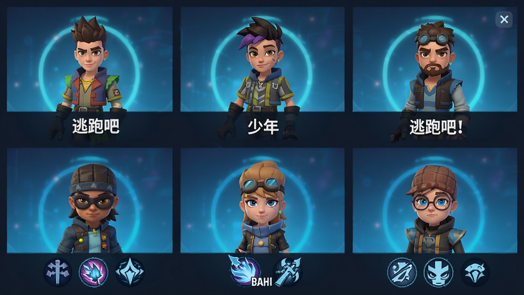 一张《逃跑吧!少年》角色选择界面图,画面主体为六位不同造型的游戏角色排列在屏幕中央,每位角色下方标注名称与技能图标,布局采用两行三列的网格排版,风格为扁平化卡通设计,细节包括角色身上的服饰纹理、背景中的科技感光晕,画质为高清,画面干净无杂乱元素。