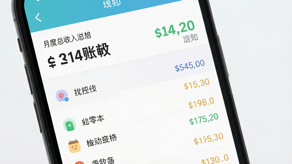 一张展示找零工软件记账本功能的手机界面截图,主体是手机屏幕,显示着列表式的收入与支出记录,布局为上下结构,上方是月度总收入汇总,下方是明细列表,风格为清新简约风,细节包括不同颜色的金额数字和分类图标,画质高清,干净,无多余元素。