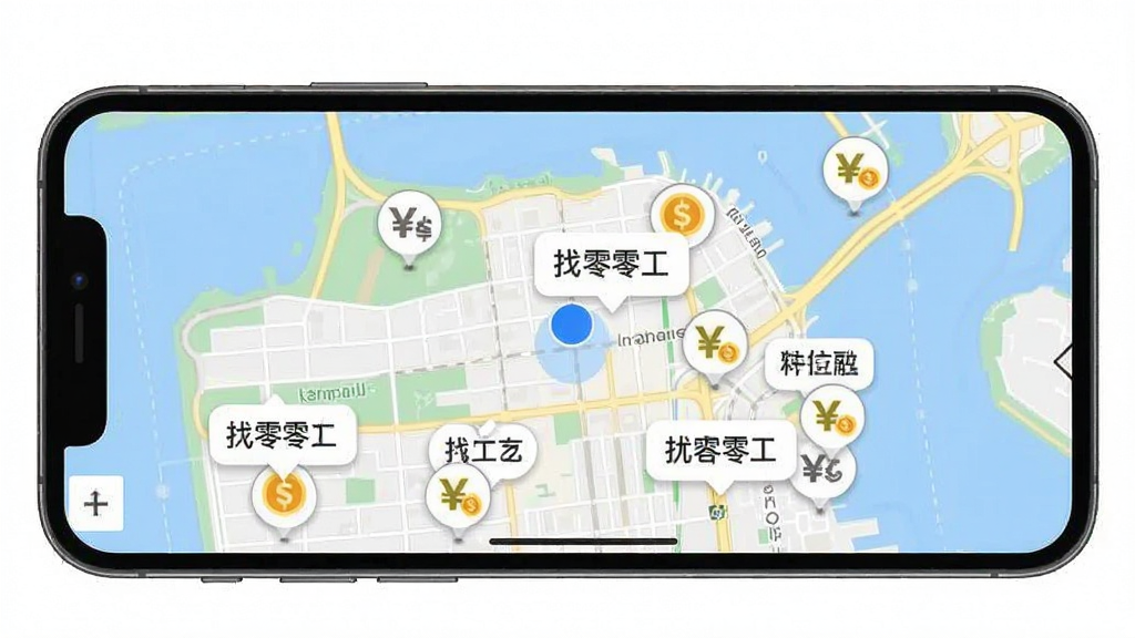 一张展示找零工软件地图找活功能的界面截图,主体是手机屏幕,地图上散布着多个带有货币符号的工作图标,布局为全屏地图模式,排版简洁,风格为扁平化设计,细节包括定位蓝点和岗位气泡,画质清晰,干净,无多余元素。