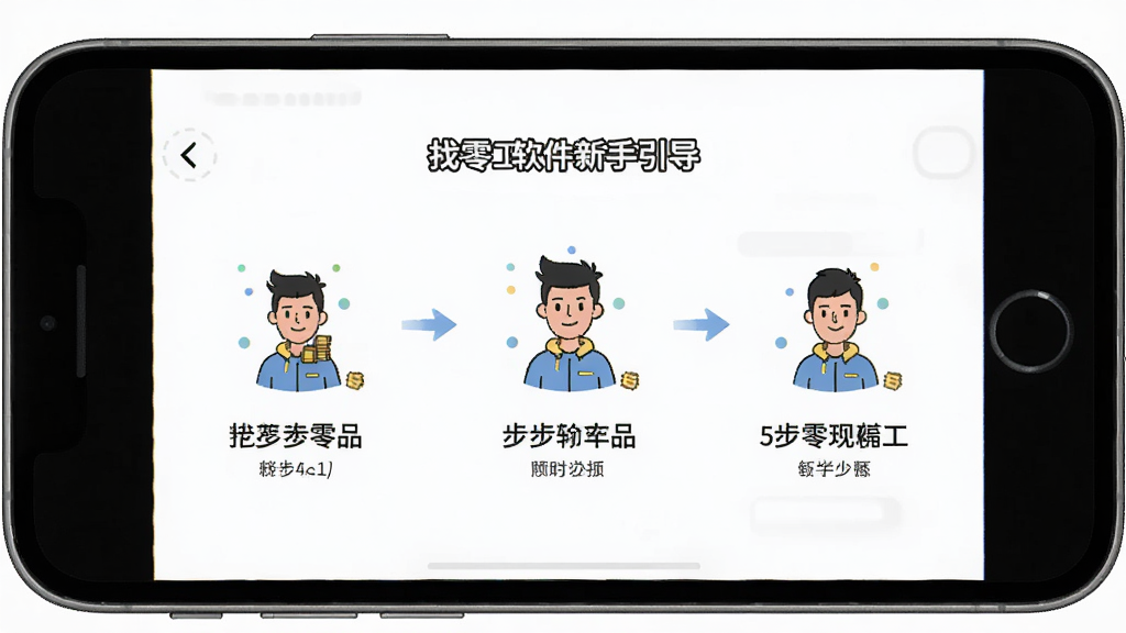 一张展示找零工软件新手引导页面的手机截图,主体是手机屏幕,画面中央有卡通人物引导步骤,布局为分步指示器,风格为扁平插画风,细节包括三个步骤图标和文字说明,画质高清,干净,无多余元素。