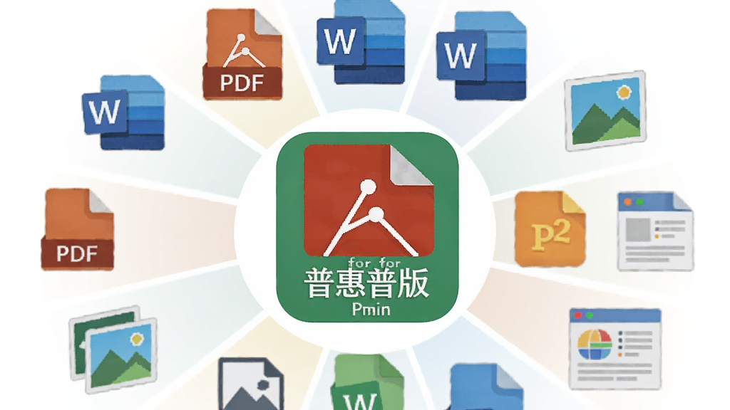 一张展示多种文件格式图标的生图,主体为围绕打印服务插件for普惠普版图标排列的PDF、Word、图片、网页等文件图标,布局为环形放射状,排版中心突出插件图标,风格为扁平化图标设计,细节包含清晰的格式标识字母,画质干净无多余元素