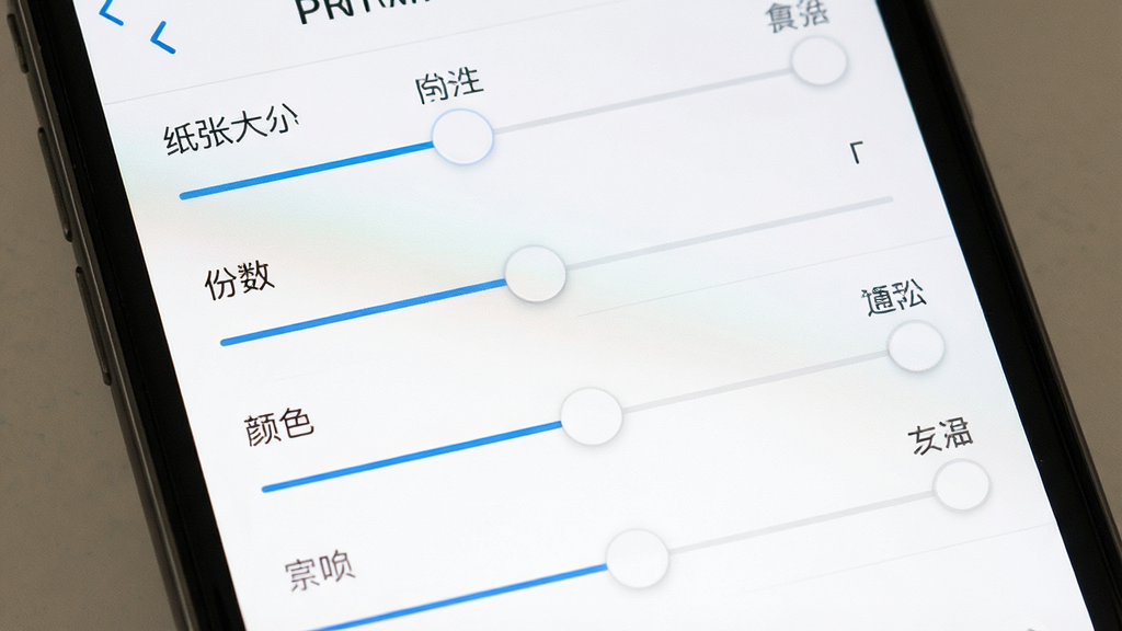 一张展示打印设置界面的生图,主体为手机屏幕上的打印参数调节面板,布局为纵向列表式,排版包含纸张大小、份数、颜色等选项滑块,风格为清爽的移动端UI设计,细节展示清晰的数字与文字标签,画质干净无多余元素