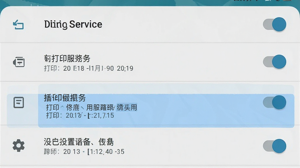 一张展示手机打印设置路径的生图,主体为安卓手机设置界面的打印菜单截图风格,布局为纵向列表,排版显示打印服务开关和插件名称高亮,风格为原生系统UI,细节包含设置图标和开关按钮,画质清晰干净无多余元素