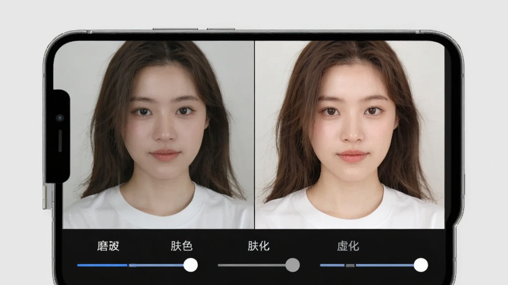 造物相机一键美化与智能修图功能展示图,画面中手机屏幕显示人像照片编辑界面,左侧是原图,右侧是美化后的效果图,下方有磨皮、肤色、虚化等调节滑块,背景为浅灰色简约风格,画质清晰,无多余元素