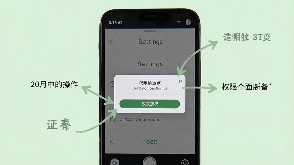 造物相机新手操作界面示意图,画面中手机屏幕显示设置菜单和权限授权弹窗,旁边有箭头标注操作步骤,背景为浅绿色柔和色调,风格清新简洁,画质清晰,无多余元素