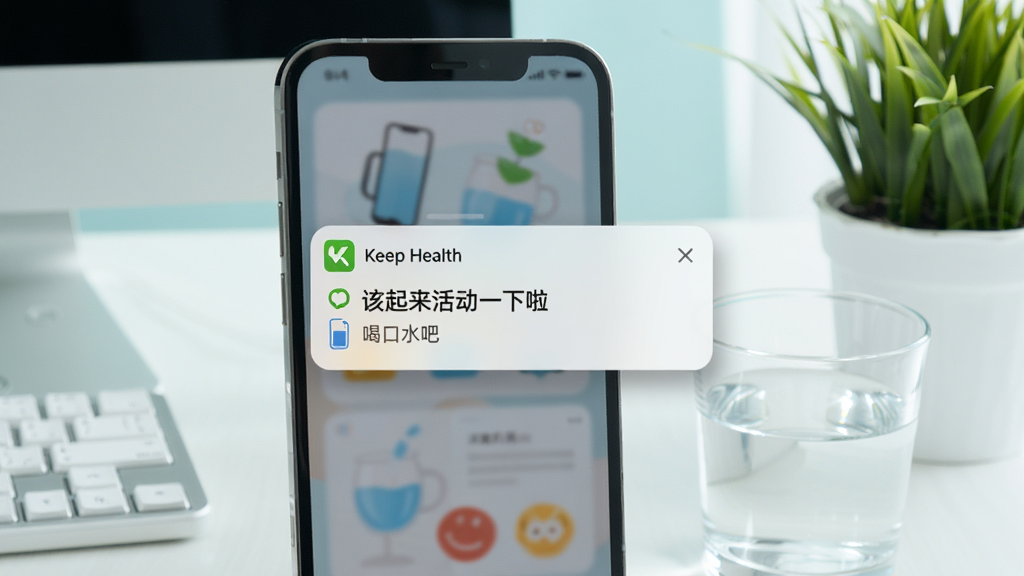 画面展示一部手机屏幕弹出 Keep Health 通知卡片,卡片上写有“该起来活动一下啦”和“喝口水吧”字样,手机旁边放着一杯水和一盆绿植,背景为办公室桌面,风格清新浅色,细节上通知卡片带有轻微的投影效果,画质清晰,干净,无多余元素