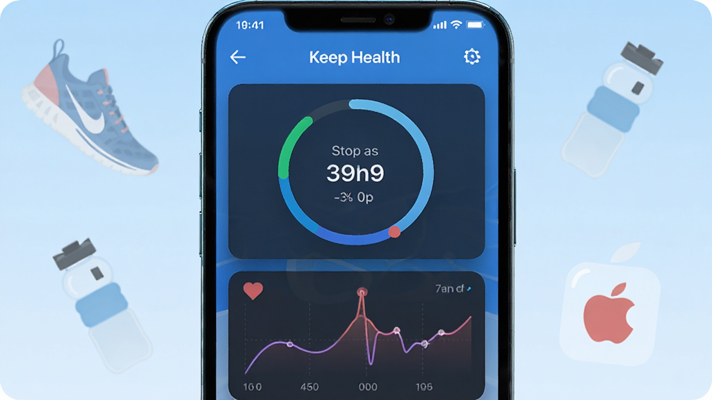 画面主体为一部智能手机,屏幕显示 Keep Health 应用主界面,界面包含步数统计圆环与心率曲线图,背景为浅蓝色渐变,布局居中,风格为现代扁平化科技风,细节上手机周围漂浮着半透明的运动鞋、水杯和苹果图标,画质清晰,干净,无多余元素
