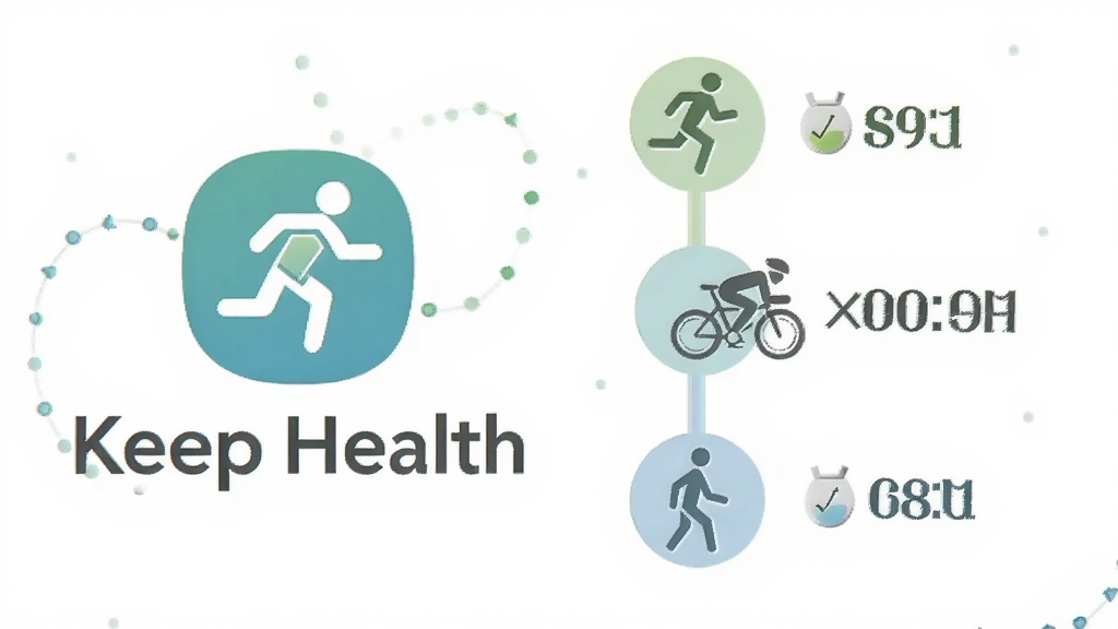 一张横版信息图,左侧展示 Keep Health 图标与名称,右侧以时间轴形式排列跑步、骑行、步行的小图标与对应的卡路里数值,背景为纯白色,风格简约商务,细节上使用柔和的绿色与蓝色作为点缀,画质清晰,干净,无多余元素