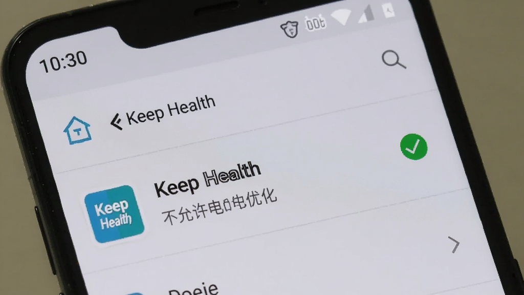 一部安卓手机屏幕显示 Keep Health 的电池优化设置界面,界面中“Keep Health”应用被选中并设置为“不允许电池优化”,旁边有一个绿色的对勾图标,背景为浅灰色系统设置页面,风格素雅极简,细节上手机顶部状态栏显示时间与电量,画质清晰,干净,无多余元素
