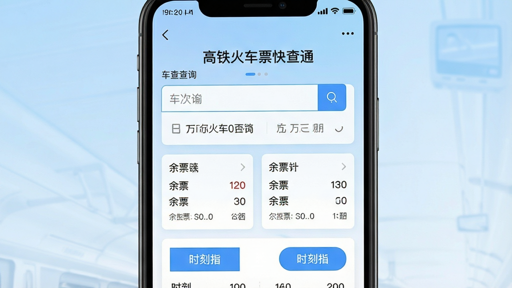 一张手机屏幕展示高铁火车票快查通应用主界面的图片,画面中央是手机正面竖屏显示,界面顶部有“高铁火车票快查通”文字标识,中部为车次查询输入框和日期选择区域,下方排列着余票信息卡片和时刻表按钮,背景为浅蓝色渐变,整体风格清爽简洁,细节清晰,画质干净,无多余元素