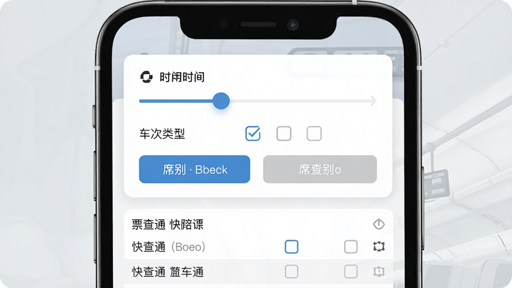一张展示高铁火车票快查通智能车次筛选功能的图片,画面为手机屏幕界面,屏幕中显示筛选条件面板,包含时间段滑块、车次类型勾选项和席别选择按钮,筛选结果列表在下方同步展示,背景为浅灰色调,布局清晰,风格干净利落,画质清晰,无多余元素