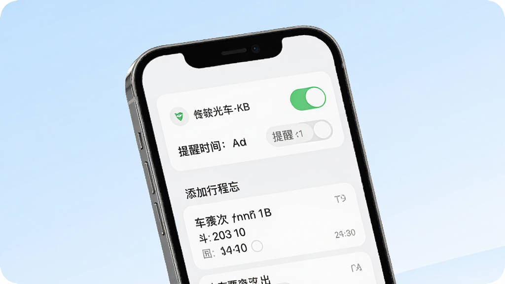 一张展示高铁火车票快查通出行提醒备忘功能的图片,画面为手机屏幕显示提醒设置界面,屏幕中有开关按钮和提醒时间选项,下方展示已添加的行程备忘卡片,卡片上标注车次与出发时间,背景为淡蓝色渐变,风格温馨实用,画质清晰,无多余元素