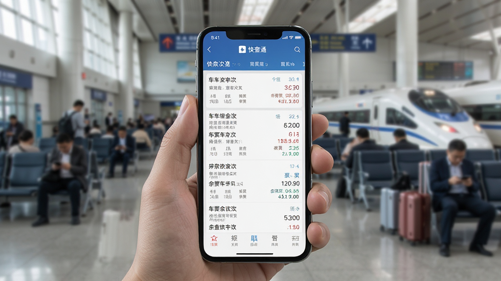 一张展示高铁火车票快查通在手机上运行效果的图片,画面为手持手机浏览应用界面的场景,屏幕中显示车次列表与余票信息,背景为虚化的车站候车大厅,风格真实自然,细节清晰,画质干净,无多余元素