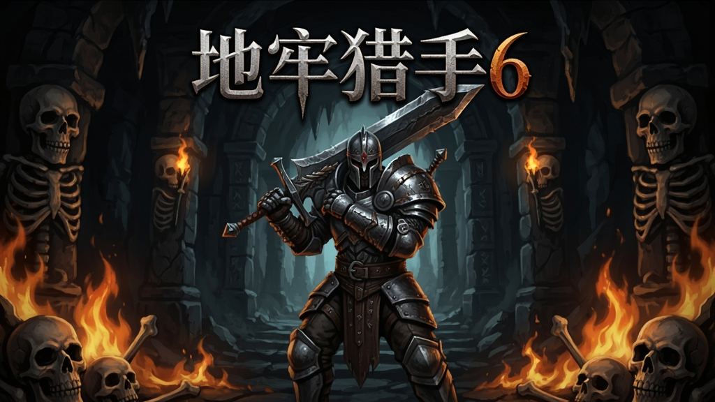 一款暗黑奇幻风格的动作角色扮演手游主视觉图,画面中央是一位身穿重甲手持巨剑的猎魔战士,背景是幽暗的地下城入口,周围环绕着火焰与骷髅装饰,画面上方写有“地牢猎手6”字样,整体风格暗黑史诗,布局为竖版手游宣传图,画质高清,干净无多余元素