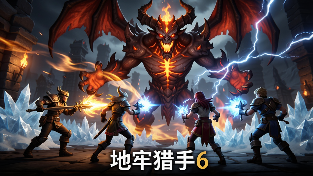 四名玩家角色组队面对一只巨大的地狱恶魔BOSS,画面中技能特效绚丽,有火焰、冰霜和闪电交织,画面底部写有“地牢猎手6”字样,风格为多人战斗场景CG图,横版构图,画质震撼,干净无多余元素