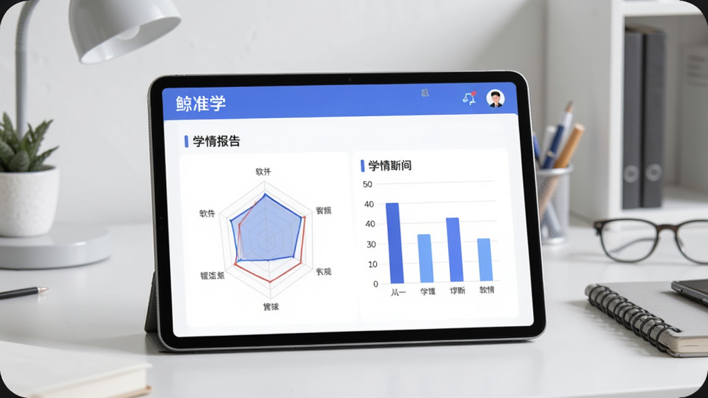 鲸准学智能学情诊断功能展示图,画面主体为平板电脑屏幕显示学情报告页面,页面中包含雷达图与柱状图,图表旁标注“鲸准学”软件名称,背景为整洁的书桌环境,风格现代简约,细节丰富,画质清晰,干净无冗余元素