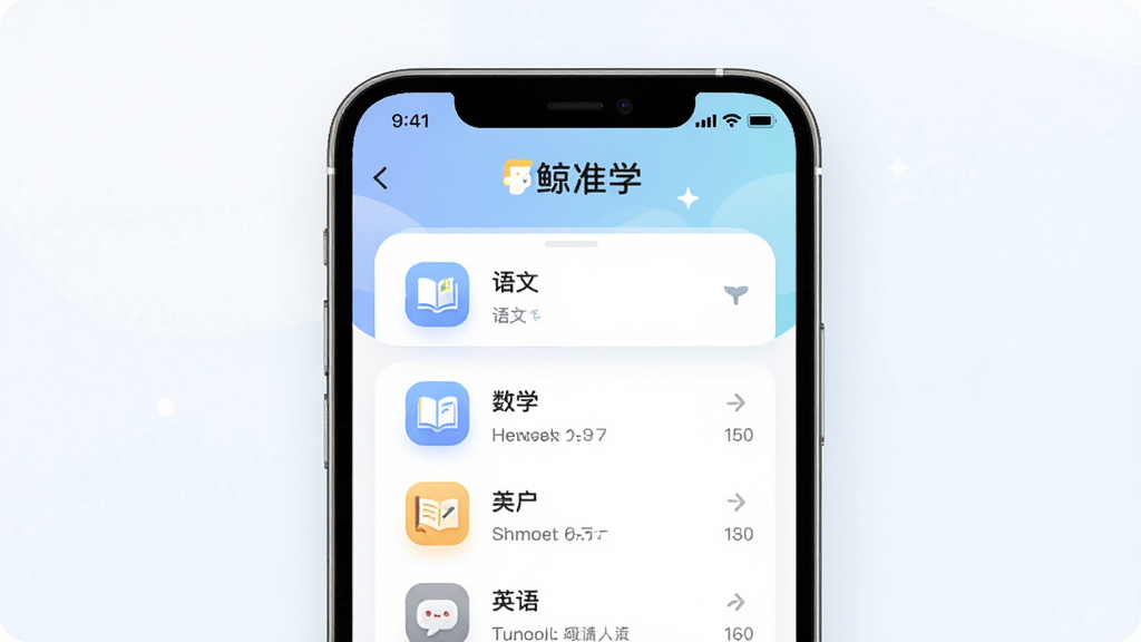 鲸准学个性化学习计划界面示意图,画面中央为智能手机屏幕展示每日学习任务列表,顶部显示“鲸准学”标识,任务项包含语文、数学、英语等科目图标,界面配色柔和,风格清新,细节清晰,画质干净,无多余元素
