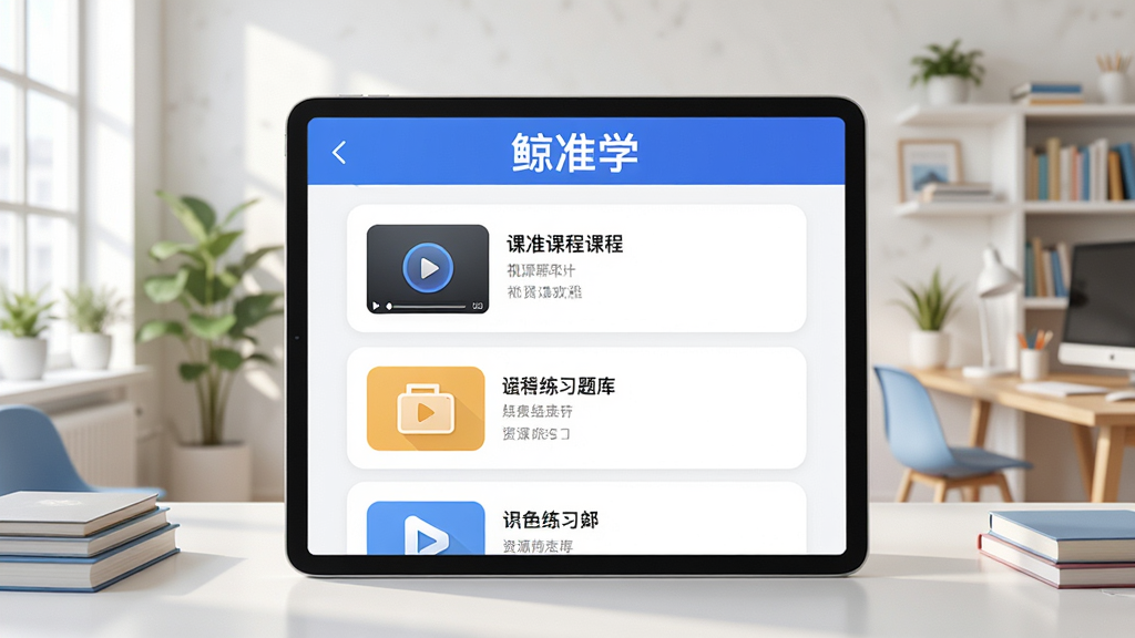 鲸准学学习资源推荐页面示意图,画面中央为平板电脑屏幕展示资源推荐列表,列表项包含视频课程与练习题库图标,页面顶部显示“鲸准学”字样,背景为明亮的学习空间,风格现代,细节丰富,画质清晰,干净无多余元素