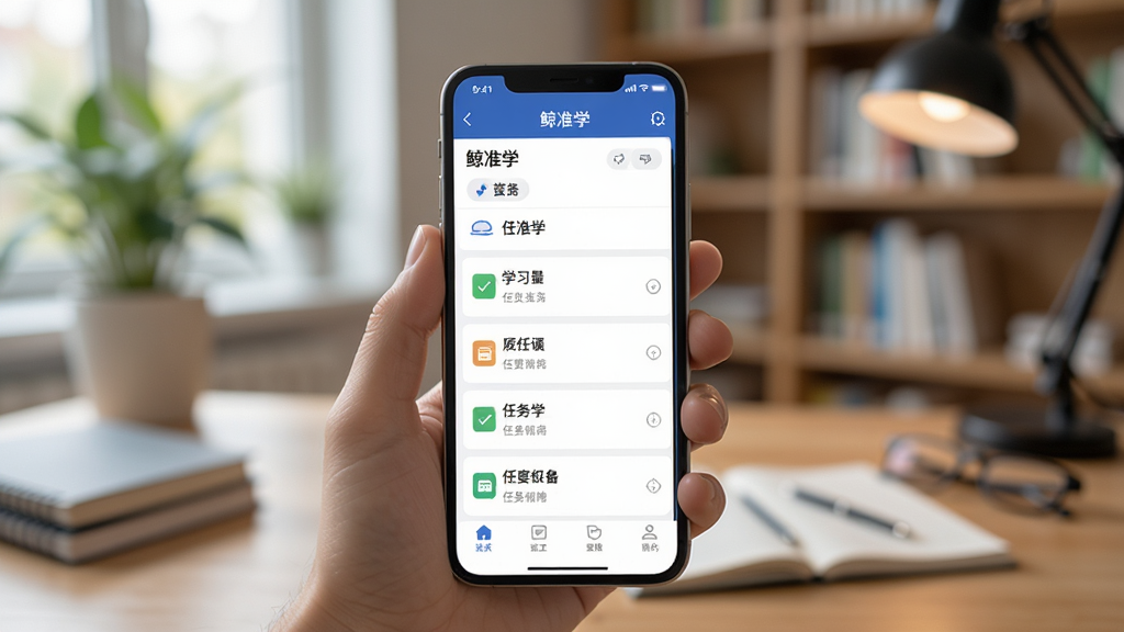 鲸准学移动端操作界面截图,画面主体为手持智能手机展示鲸准学学习计划页面,屏幕中显示“鲸准学”应用名称与任务列表,背景为模糊的室内学习场景,风格写实,细节清晰,画质干净,无多余元素