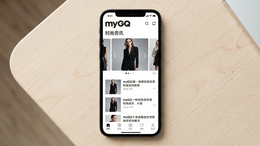 一张手机屏幕展示时尚资讯应用界面的图片,主体为一部竖屏智能手机,屏幕上呈现myGQ应用首页,包含时尚大片轮播图、文章标题列表和底部导航栏,布局为手机居中放置于浅色桌面背景上,排版清晰展示应用核心界面,风格为现代简约时尚杂志感,细节包括屏幕内文字“myGQ”和“时尚资讯”字样、高清时装图片缩略图、干净的白色背景,画质高清,干净,无多余元素