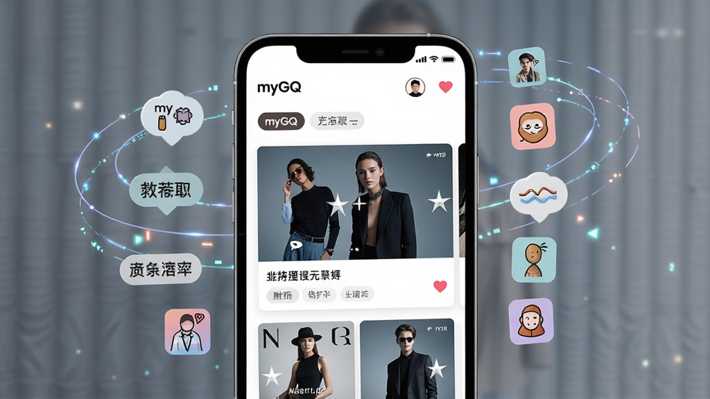 一张展示个性化内容推荐功能的图片,主体为智能手机屏幕显示myGQ应用推荐流界面,屏幕内包含多张时尚封面图和标题卡片,布局为手机正面展示、周围环绕小型兴趣标签图标,排版突出推荐算法概念,风格为科技感与时尚感结合,细节包括“myGQ”标志、推荐标签、用户头像、心形收藏图标,画质高清,干净,无多余元素
